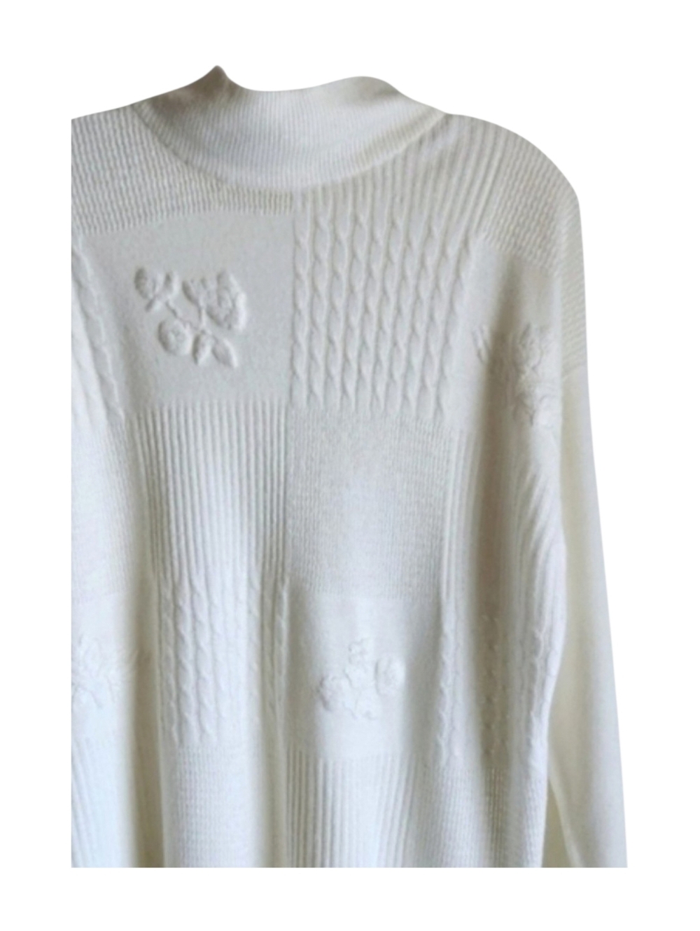 Vintage 90s cable knit mock neck sweater women XXL pullover cream scalloped hem